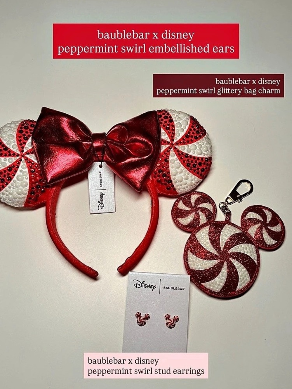 Rare Baublebar/Disney Christmas Peppermint Mickey Ears Minnie Accessories Bundle